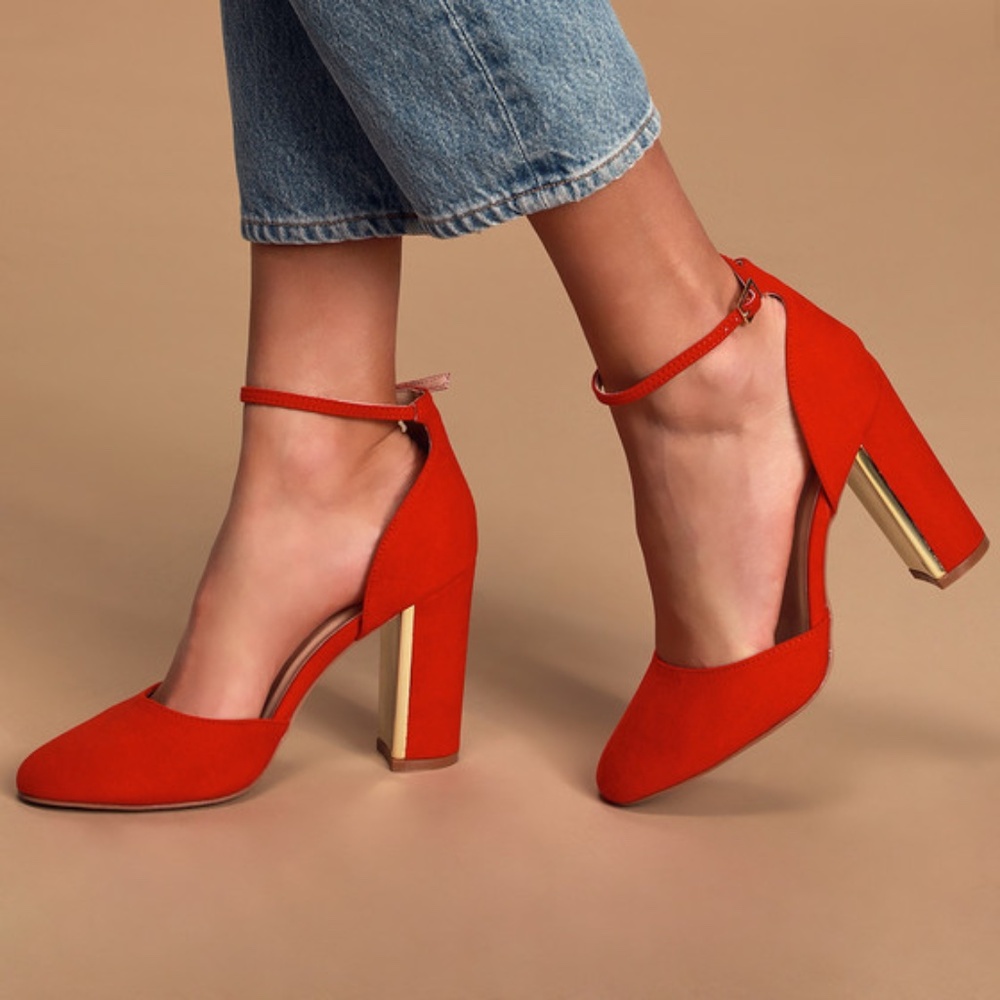 Lulus Laura Red Suede Ankle Strap Heels - Size 7.5